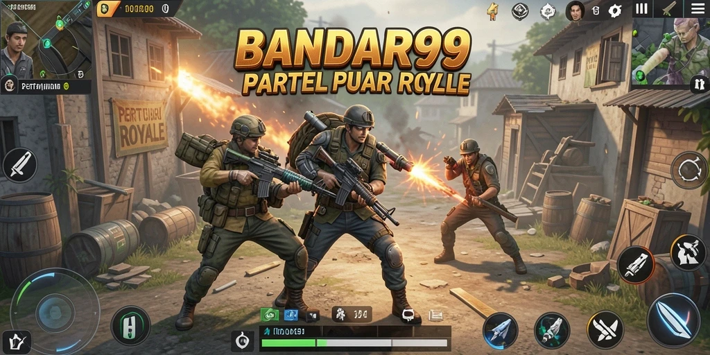 Screenshot utama BANDAR99 menampilkan aksi pertarungan intens dalam arena Battle Royale.