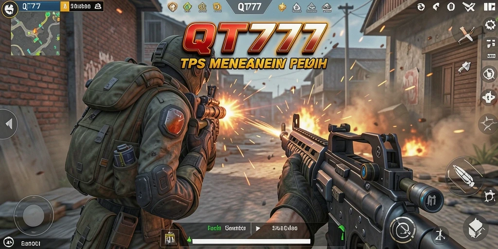Screenshot QT777 menampilkan aksi tembak-menembak yang intens di lingkungan yang menawan.