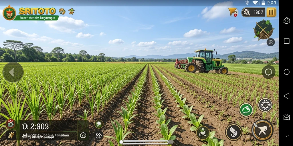 Tangkapan layar gameplay SRITOTO menampilkan ladang subur dan aktivitas bercocok tanam.